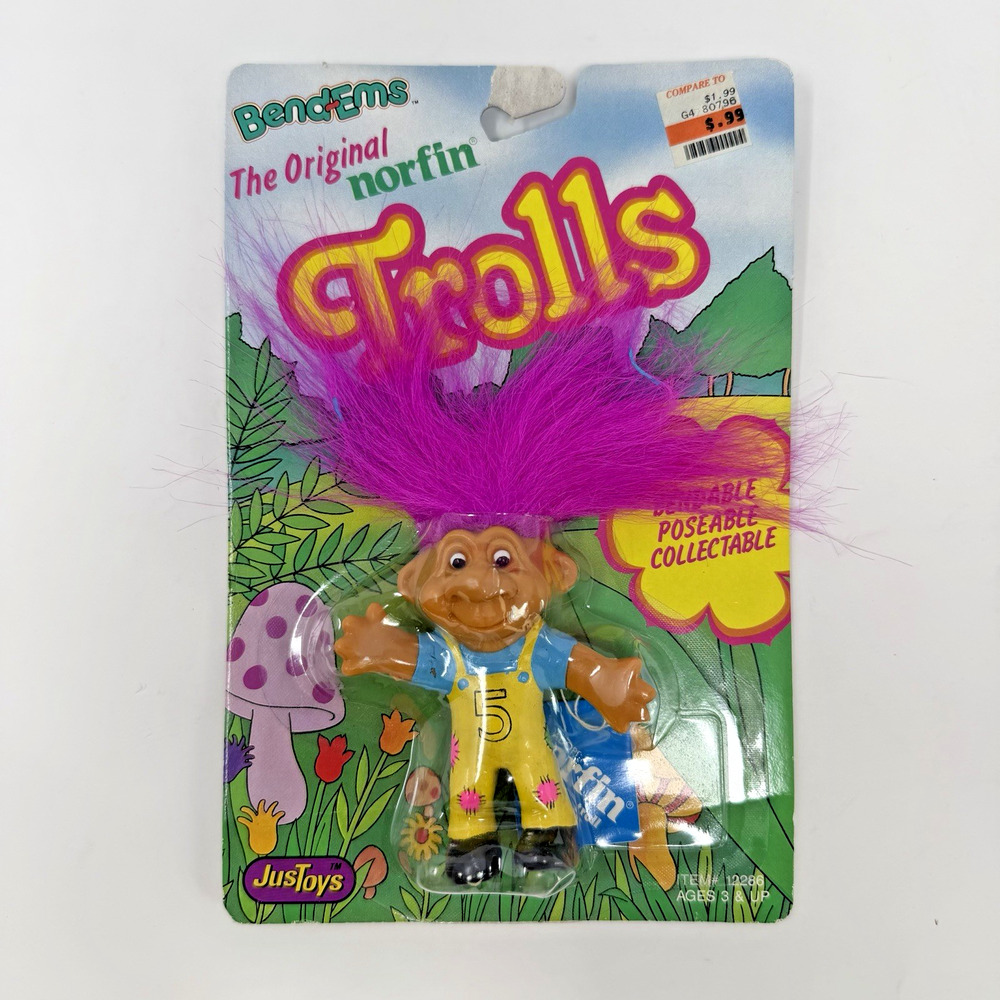 Rare 1992 Bend-Ems Original Norfin Troll Pink Hair #5 Overall Just Toys Poseable
